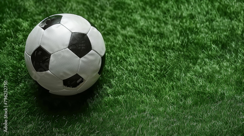 A soccer ball is sitting on a green field. The ball is white and black