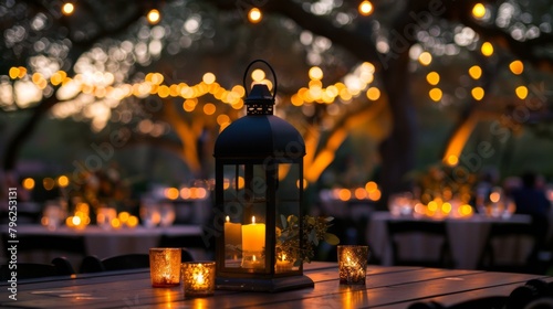Lanterns and candles casting a warm and inviting glow over an outdoor wedding reception, creating an intimate and romantic ambiance for celebration.
