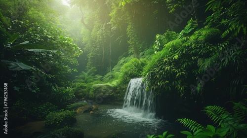 A lush, green forest with a small, gentle waterfall creating a soothing sound, perfect for relaxation and nature backgrounds