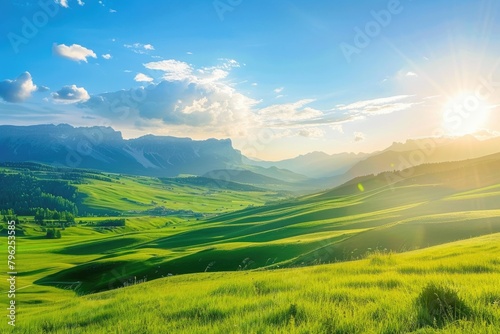 Sunny day in a lush green valley, suitable for various outdoor themes