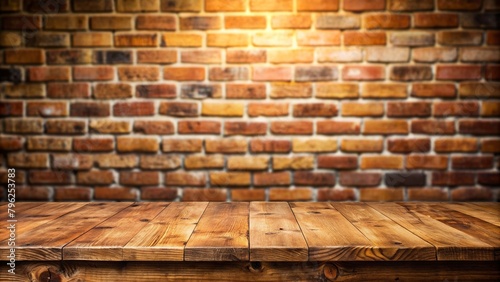 Wood table in front of rustic brick wall blur background with empty copy space on the table for product display mockup. Retro design montage presentation.