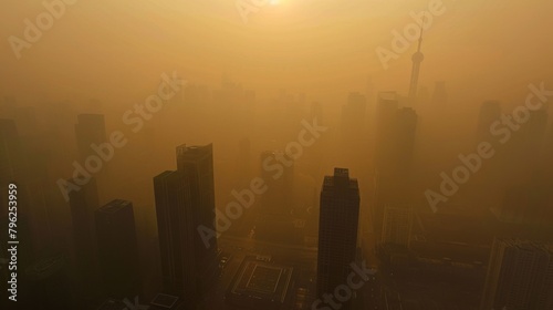 Overhead shot of a city skyline obscured by a thick layer of smog  obscuring visibility
