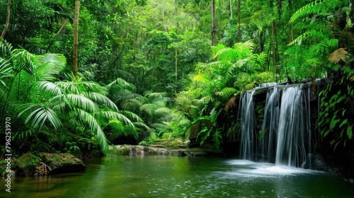 A lush  green forest with a small  gentle waterfall creating a soothing sound  perfect for relaxation and nature backgrounds