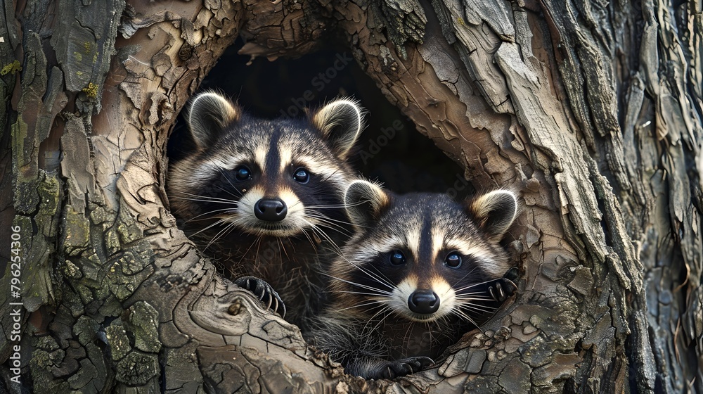 2 Racoons In Tree Two curious raccoons peering out from a tree hollow. Wildlife moment ...