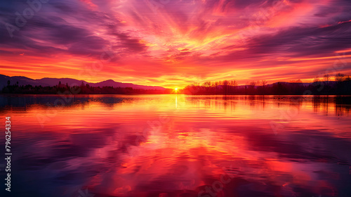 Sunset Serenity: Mesmerizing Reflection of Sunset Over Tranquil Lake Framed By Distant Silhouettes