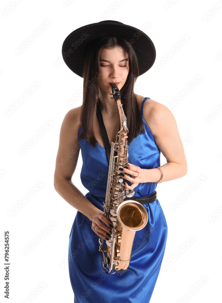 Naklejka premium Beautiful young woman playing saxophone on white background