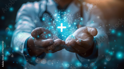 Doctor with outstretched hands, presenting a glowing medical cross symbol, symbolizing healthcare innovation or digital health technology advancements.