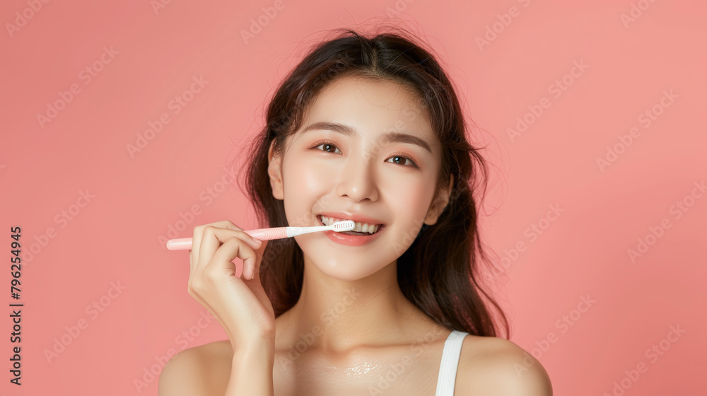 A smiling young woman with a toothbrush, promoting dental hygiene, against a soft pink background. A smiling young woman with a toothbrush, promoting dental hygiene, against a soft pink background.