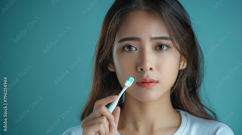 A young woman contemplating while holding a toothbrush, standing against a plain background, possibly pondering her dental hygiene routine. A young woman contemplating while holding a toothbrush, standing against a plain background, possibly pondering her dental hygiene routine.