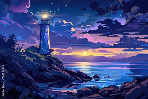 A painting of a lighthouse on a rocky shore. Suitable for travel brochures