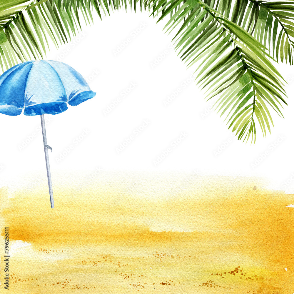 Watercolor illustration of summer theme, blue beach umbrella, parasol on beach sand, white background, green tropical palm leaves, holiday and vacation concept, travel illustration, for tourism blogs