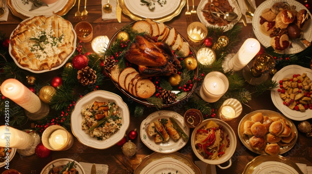 Overhead shot of a festive holiday table laden with traditional dishes, inviting celebration and togetherness