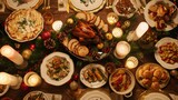 Overhead shot of a festive holiday table laden with traditional dishes, inviting celebration and togetherness