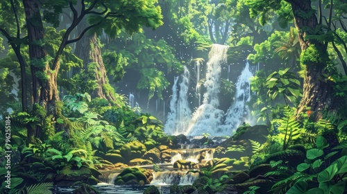 A lush scene showing the lifecycle at a forest waterfall  from young saplings to mature trees  all thriving in the wet environment 