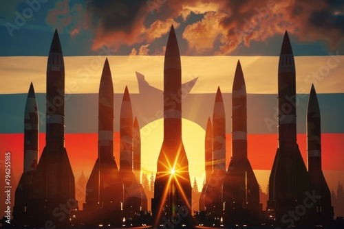 A large group of missiles against a beautiful sunset. Suitable for military or technology themes