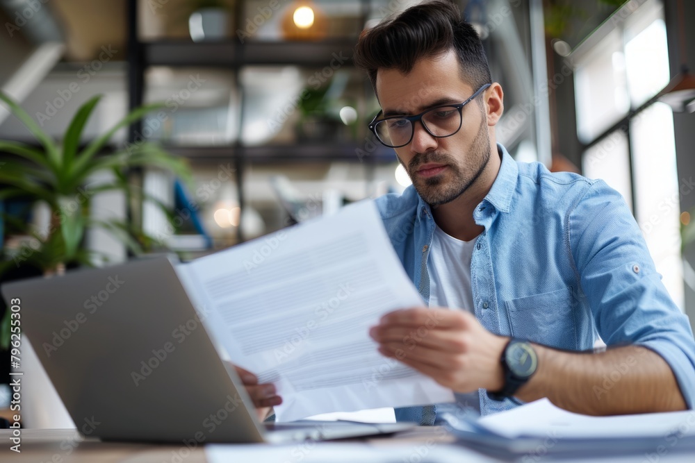 A busy young professional businessman checks documents on his laptop in his office. Serious business accounting experts in the workplace read legal documents overview of company documents.