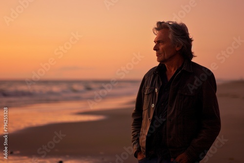 Mature man with salt-and-pepper hair standing on a deserted beach at dusk generative ai © Gilang