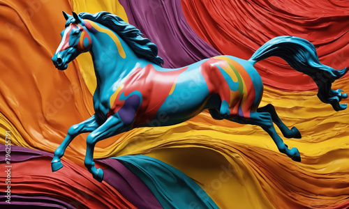 Fantasy Illustration of a wild Horse. Digital art style wallpaper background. rainbow colors