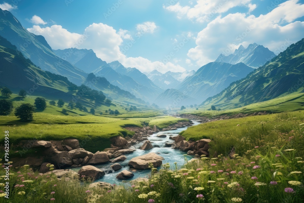 River flows through lush green valley with backdrop of mountains. Indian landscape. Water is crystal clear and surrounding trees are tall and green. Peaceful and serene scene. Generative AI.