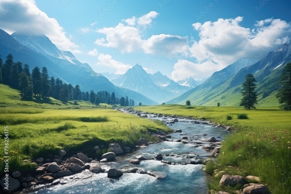 Indian landscape. River flows through a lush green valley with mountains in the background. The scene is serene and peaceful. Generative AI.