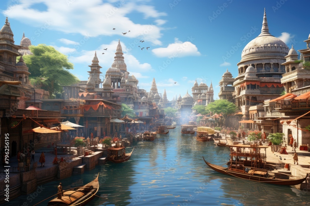 Fototapeta premium Indian city with many buildings and boats on a river. Old architecture. Generative AI Art.