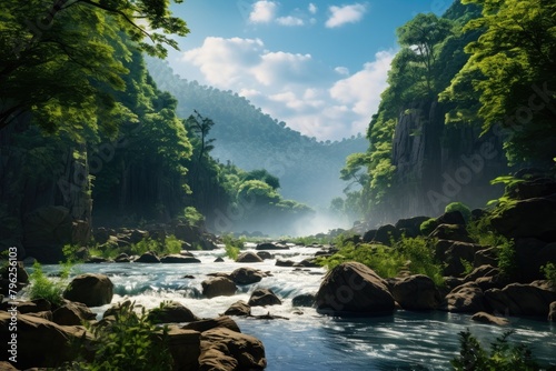 Indian landscape. Lush green forest with a river running through it. The water is clear and calm, and the trees are tall and leafy. The scene is peaceful and serene. Generative AI.
