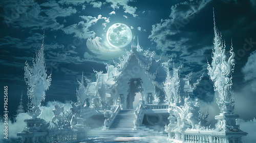 Wat Rong Khun (White Temple), Chiang Rai: Surreal temple, intricate design, against a moonlit sky, in a fantasy pixel art style, with mystical lighting, icy colors