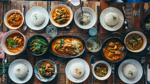 Overhead shot of a traditional Thai family-style meal with various curry dishes, served with jasmine rice