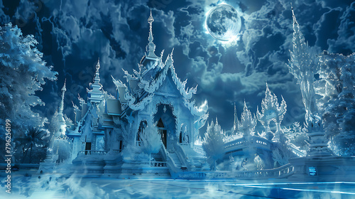 Wat Rong Khun (White Temple), Chiang Rai: Surreal temple, intricate design, against a moonlit sky, in a fantasy pixel art style, with mystical lighting, icy colors