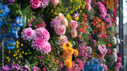 Vibrant Display of Flowers on a Wall Creating a Floral Spectacle © acharof