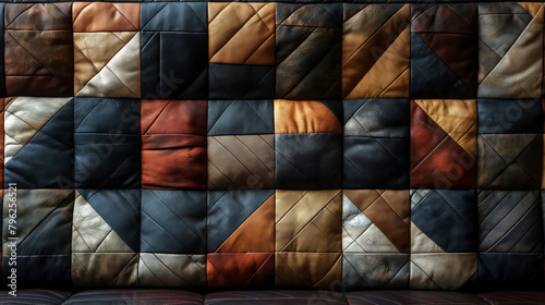 Geometric Elegance in Leather, Patchwork Quilt of Varied Textures and Colors