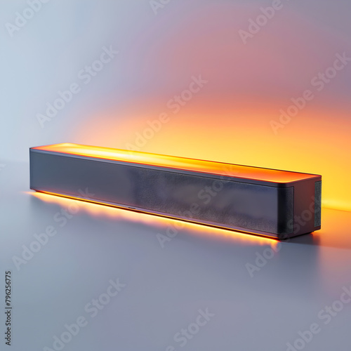 a soundbar, on a white background, scene is lit by two soft lights with gradient ranging from light orange to yellown Ai generative  photo