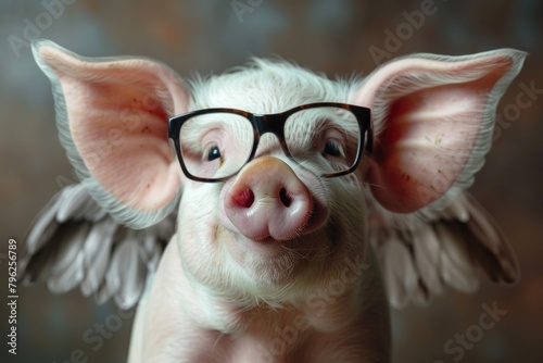 A pig wearing glasses and with wings on its head. Can be used for whimsical and playful concepts