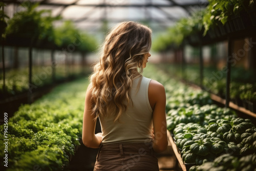 Back view of young, happy woman, a gardener, is growing lettuce in a greenhouse