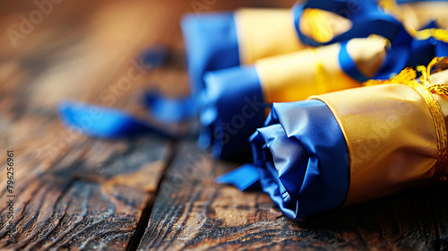 Three rolls of blue and yellow paper are sitting on a wooden table. The rolls are tied with ribbons and appear to be graduation certificates. Concept of accomplishment and celebration