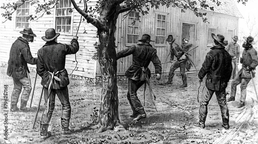 A group of men are fighting over a tree. Scene is tense and chaotic