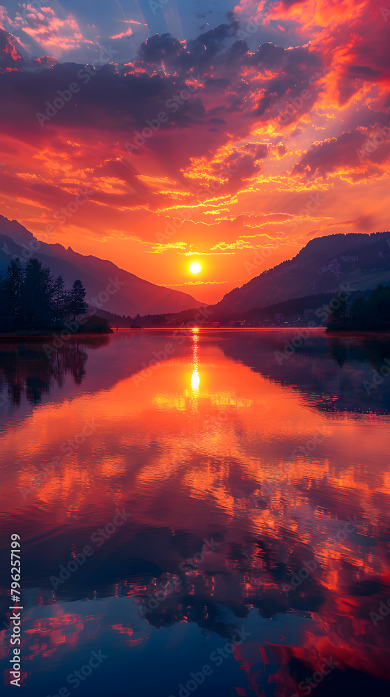 Sunset Serenity: Mesmerizing Reflection of Sunset Over Tranquil Lake Framed By Distant Silhouettes