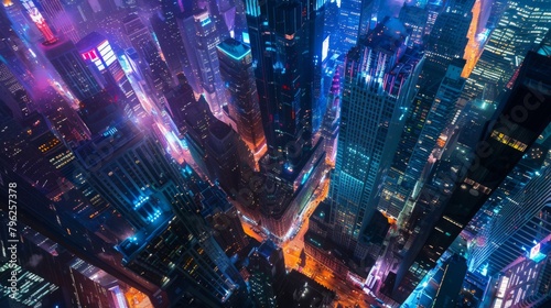 Overhead shot of a vibrant city skyline illuminated by the lights of towering buildings