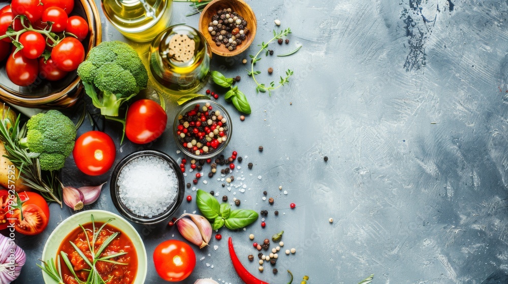 Overhead shot of colorful ingredients arranged neatly on a kitchen counter, ready to be transformed into a delicious meal
