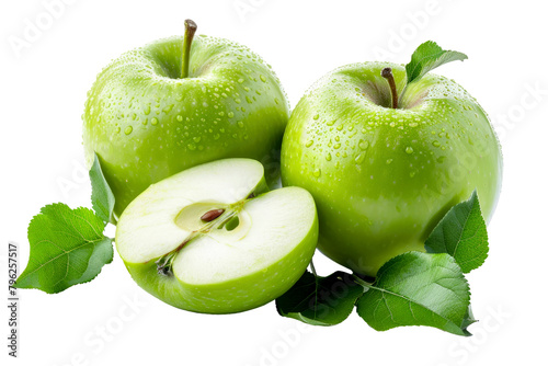 green wet apples with leaves isolated on white or transparent background photo