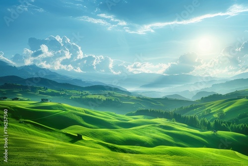 Sun shining over vibrant green hills  ideal for nature themes