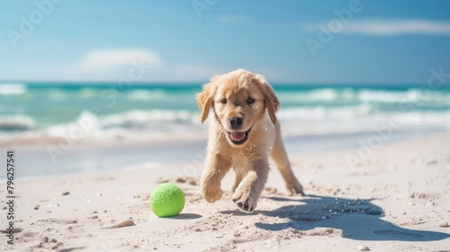Golden Retriever puppy playing fetch on a sunny beach, 