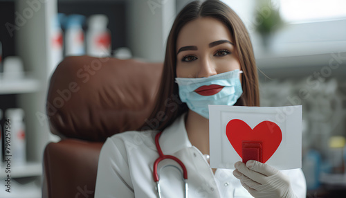 Female blood donor with applied medical patch and paper heart in clinic photo