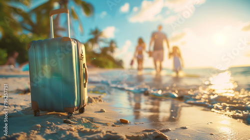 Family summer vacation concept. Suitcase on the beach with happy family blur on background photo