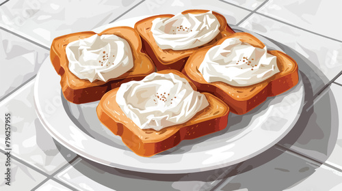 Plate of tasty toasts with cream cheese on white tile