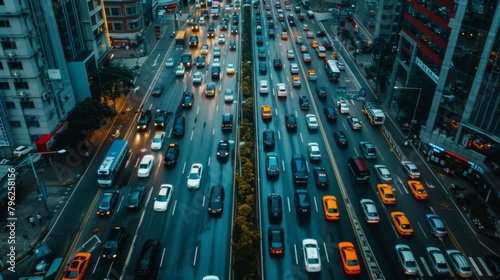 Overhead view of a city's main thoroughfare overwhelmed by traffic congestion, hindering mobility
