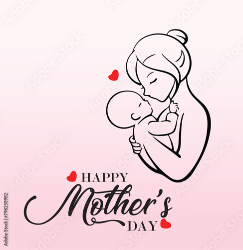 Mother's day postcard with paper flying elements and gift box on blue sky background. Vector symbols of love in shape of heart for greeting card design