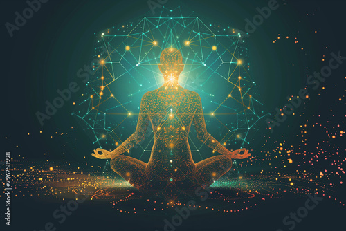 Vector Illustration of Man in Yoga Pose: Explore Mind-Body Connection with Harmonious Lighting and Energy Healing