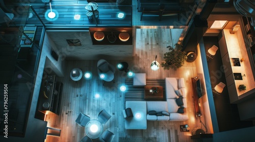 Overhead view of a smart home hub controlling devices wirelessly, streamlining communication