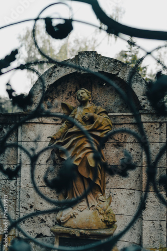 A statue in a cemetery photographed through a beautifully decorated fence, melancholic photo of a statue in a cemetery, gothic
